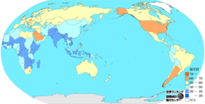 成人男性の肥満率(WHO版)のランキングマップ